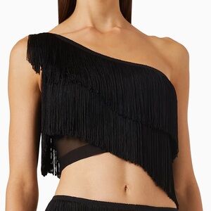 NORMA KAMALI Spliced One-shoulder Fringe Top